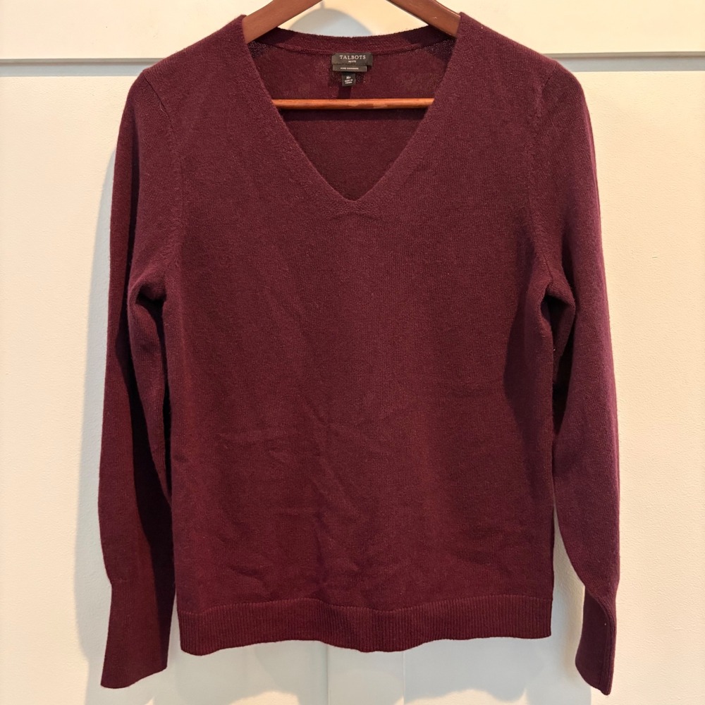 Talbots‎ V-Neck Sweater Petite Medium Burgundy Pure Cashmere Long Sleeve Knit